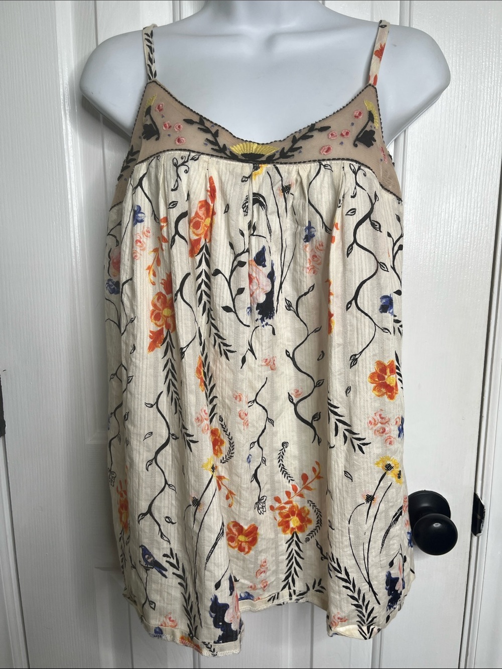 Anthropologie Cream Floral Embroidered Tank Top